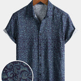 Retro Casual Blue Pattern Short Sleeve Shirt