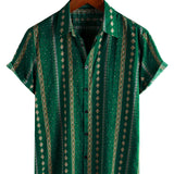Men's 1970s Vintage Cotton Short-Sleeve Shirt with Green Stripes