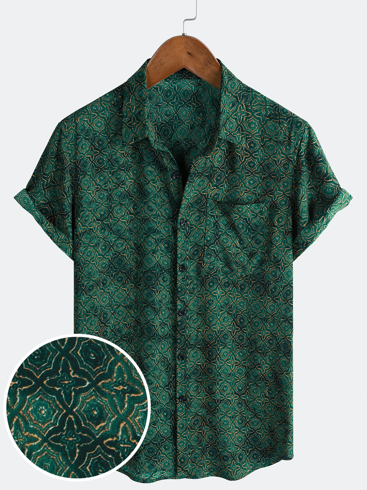 Vintage Relaxed Green Geometric Print Short Sleeve Shirt