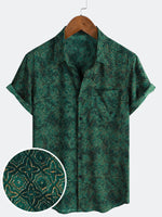 Vintage Relaxed Green Geometric Print Short Sleeve Shirt