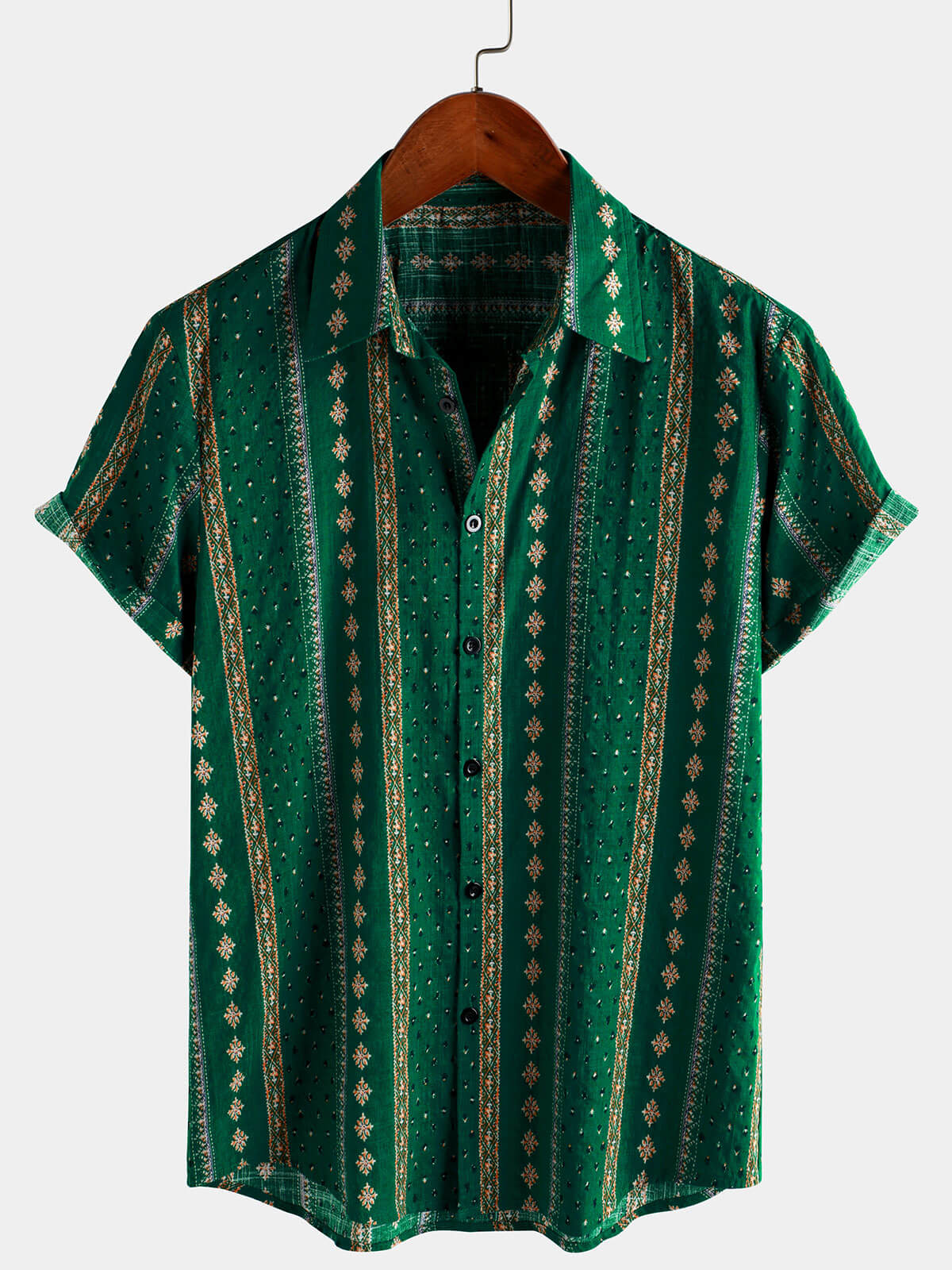 Short-Sleeve Vintage Green Striped Retro Button-Up 70s Shirt