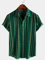 Short-Sleeve Vintage Green Striped Retro Button-Up 70s Shirt
