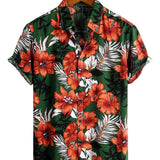 Men's Cotton Short-Sleeve Shirt with Hawaiian Green Flowers