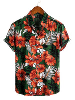 Men's Cotton Short-Sleeve Shirt with Hawaiian Green Flowers