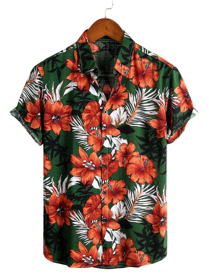 Men's Cotton Short-Sleeve Shirt with Hawaiian Green Flowers