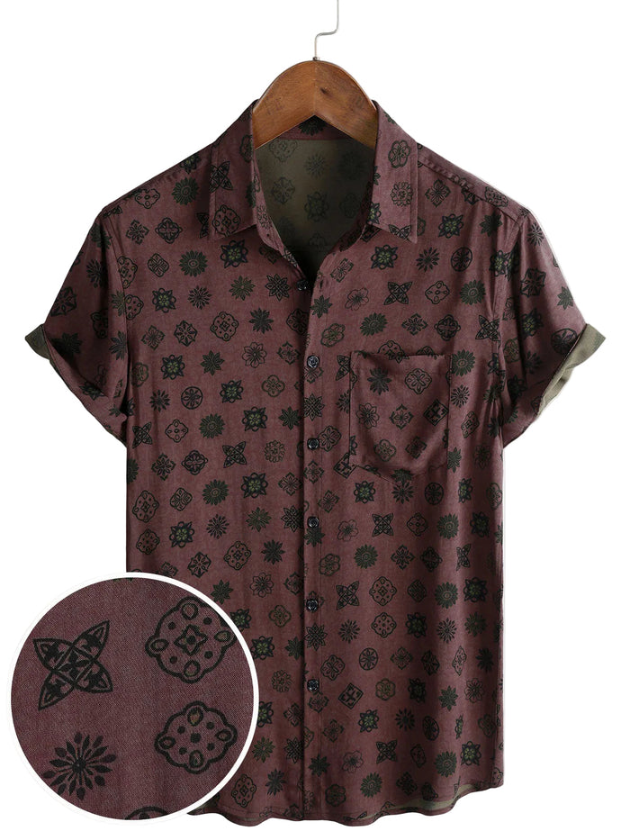 Classic Retro Short Sleeve Geometric Cotton Shirt for Men