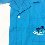 Blue Short Sleeve 50s Vintage Camp Pocket Bowling Shirt with Hawaii Coconut Tree