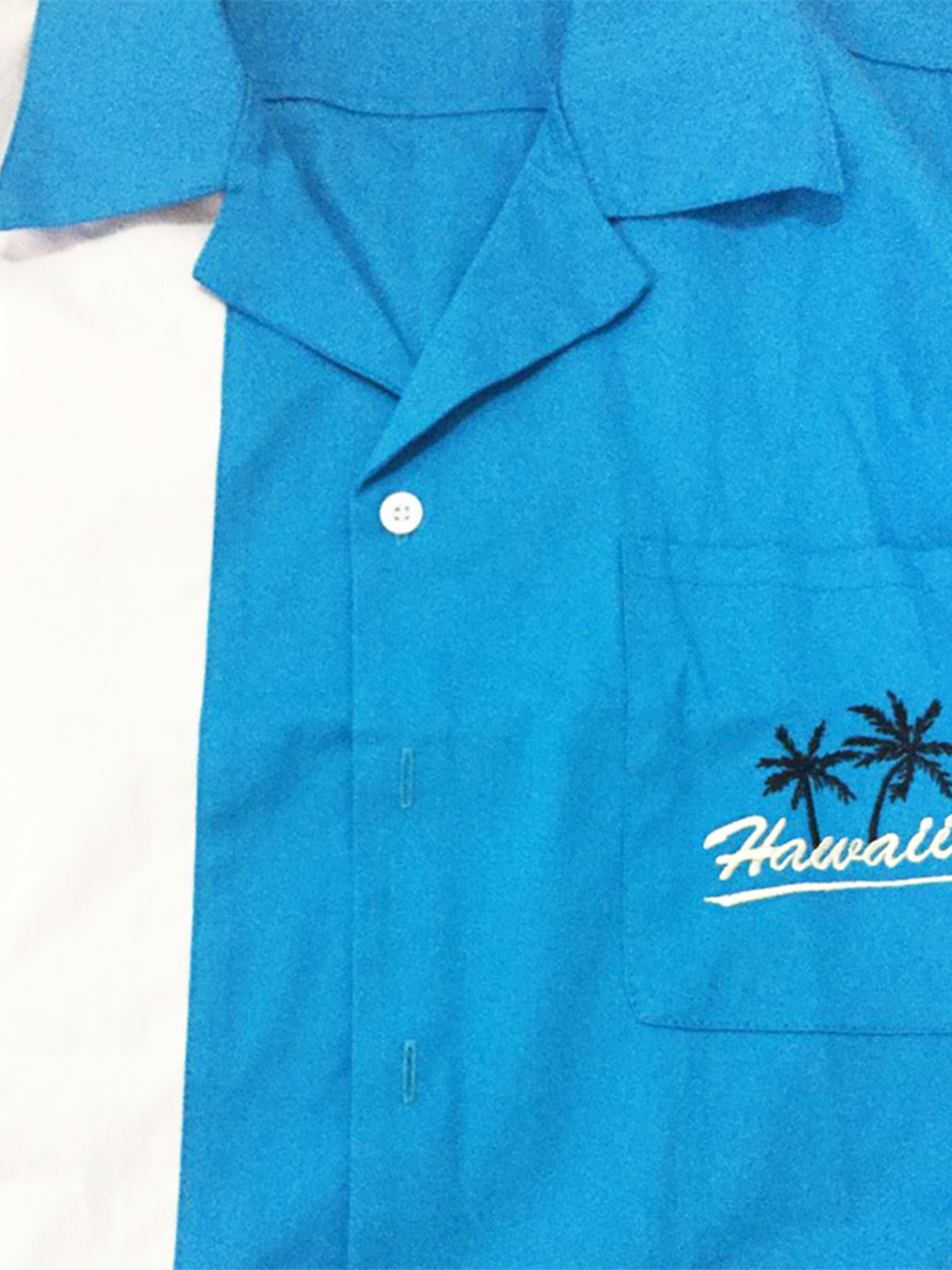Blue Short Sleeve 50s Vintage Camp Pocket Bowling Shirt with Hawaii Coconut Tree