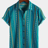 Short-Sleeve Vintage Button-Up Retro Striped Print 70s Shirt