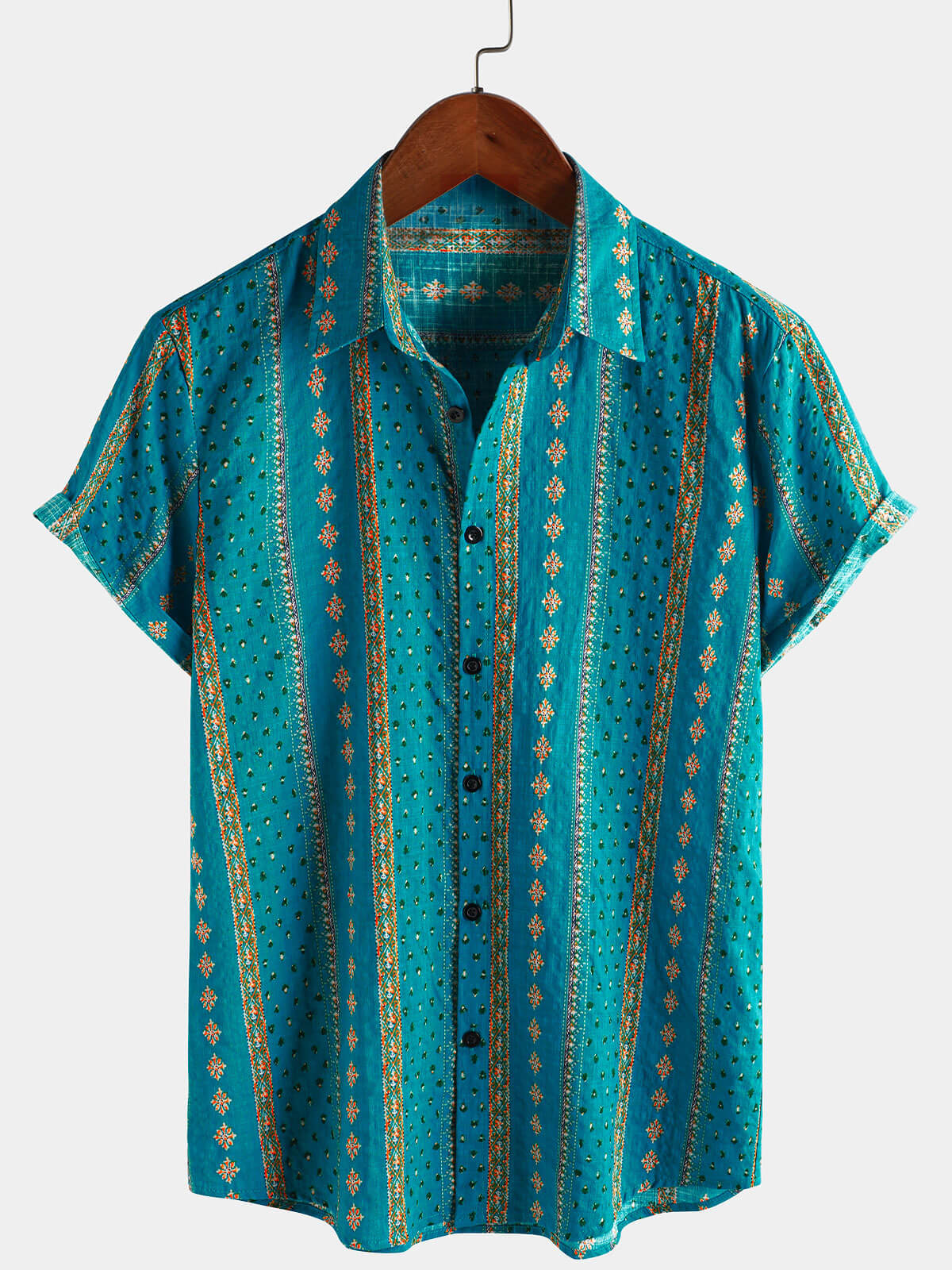 Short-Sleeve Vintage Button-Up Retro Striped Print 70s Shirt
