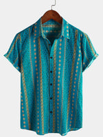 Short-Sleeve Vintage Button-Up Retro Striped Print 70s Shirt