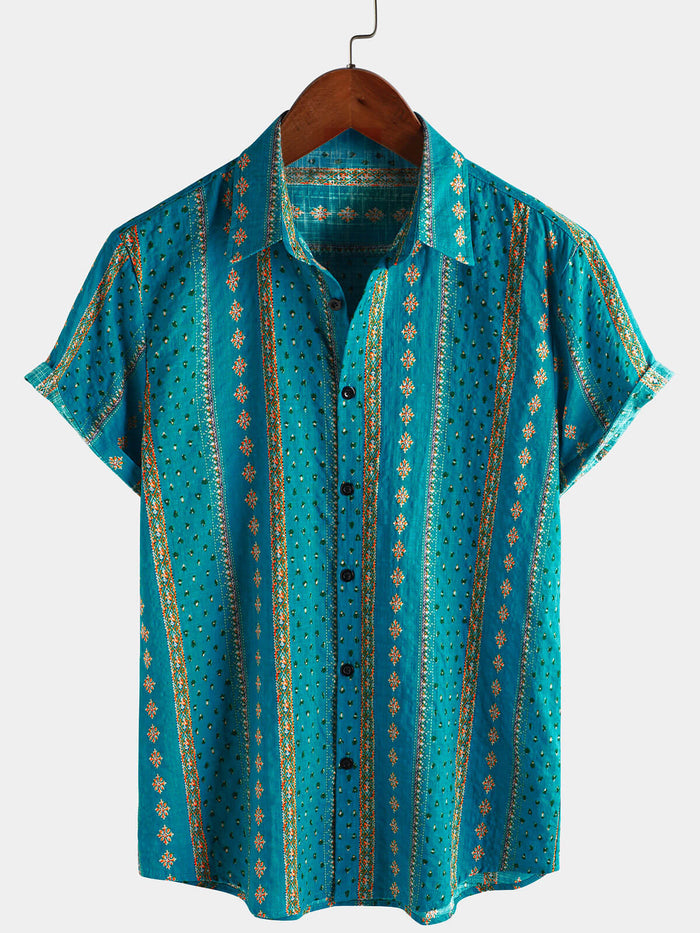 Short-Sleeve Vintage Button-Up Retro Striped Print 70s Shirt
