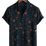 Men's Summer Cotton Short-Sleeve Shirt with Buttons, Floral, Navy