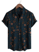 Men's Summer Cotton Short-Sleeve Shirt with Buttons, Floral, Navy