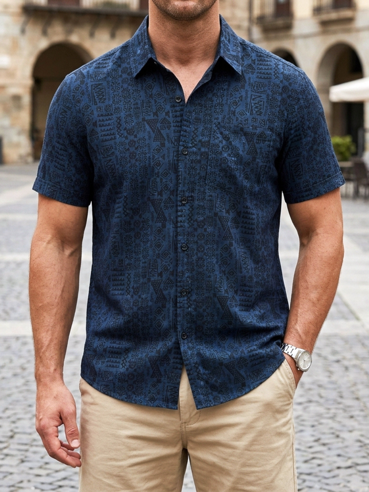 Short-Sleeve Tribal Geometric Navy Print Shirt