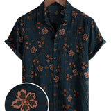 Men's Summer Cotton Short-Sleeve Shirt with Buttons, Floral, Navy