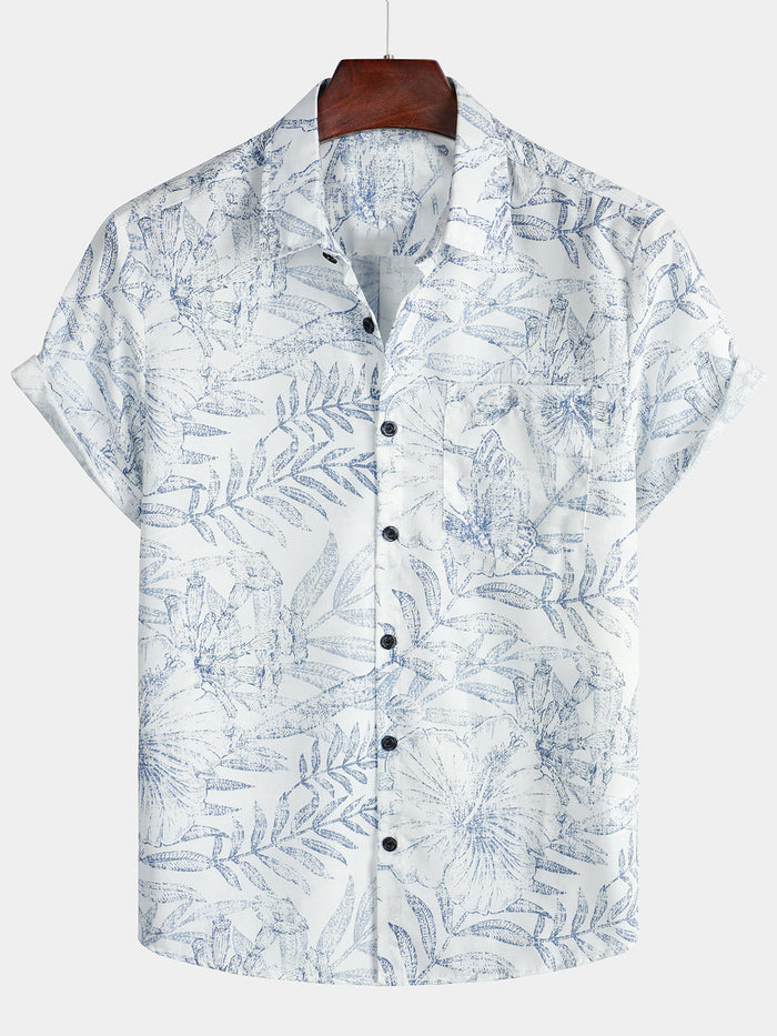 White Hawaiian Short Sleeve Shirt with Retro Floral Print