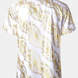 Short-Sleeve Cuban Collar Shirt with Golden Floral Print