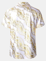 Short-Sleeve Cuban Collar Shirt with Golden Floral Print