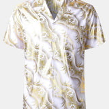 Short-Sleeve Cuban Collar Shirt with Golden Floral Print