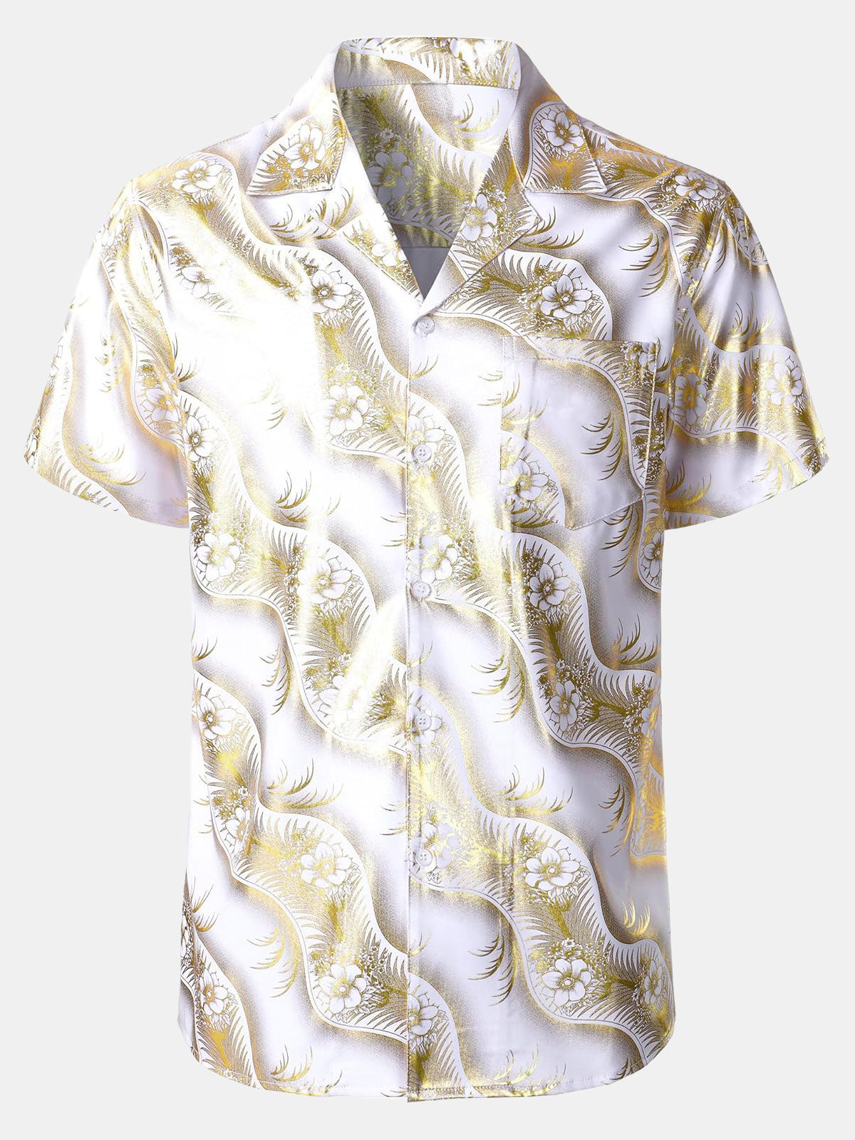 Short-Sleeve Cuban Collar Shirt with Golden Floral Print