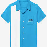 Blue Short Sleeve 50s Vintage Camp Pocket Bowling Shirt with Hawaii Coconut Tree
