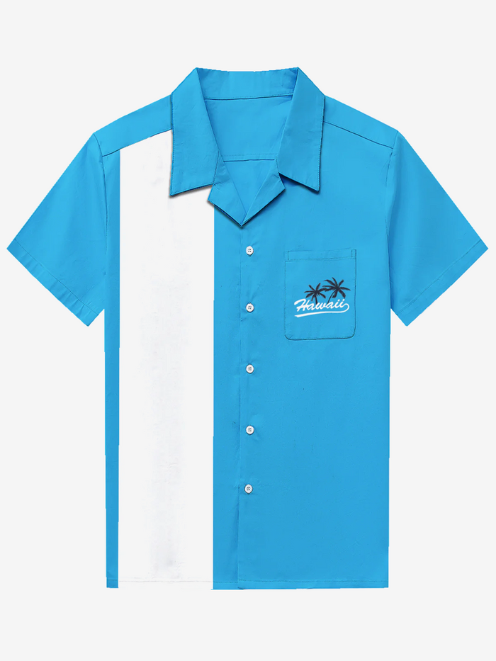 Blue Short Sleeve 50s Vintage Camp Pocket Bowling Shirt with Hawaii Coconut Tree