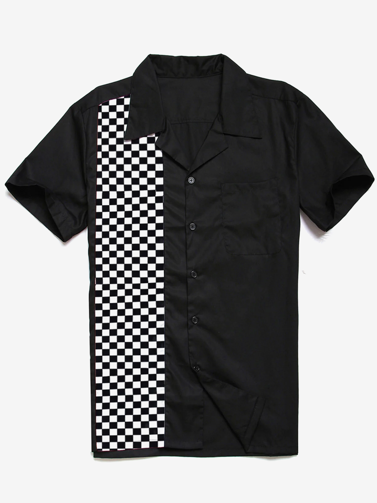 Short Sleeve Shirt with Black and White Checkered Flag, 50s Camp Pocket Bowling