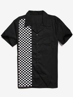 Short Sleeve Shirt with Black and White Checkered Flag, 50s Camp Pocket Bowling