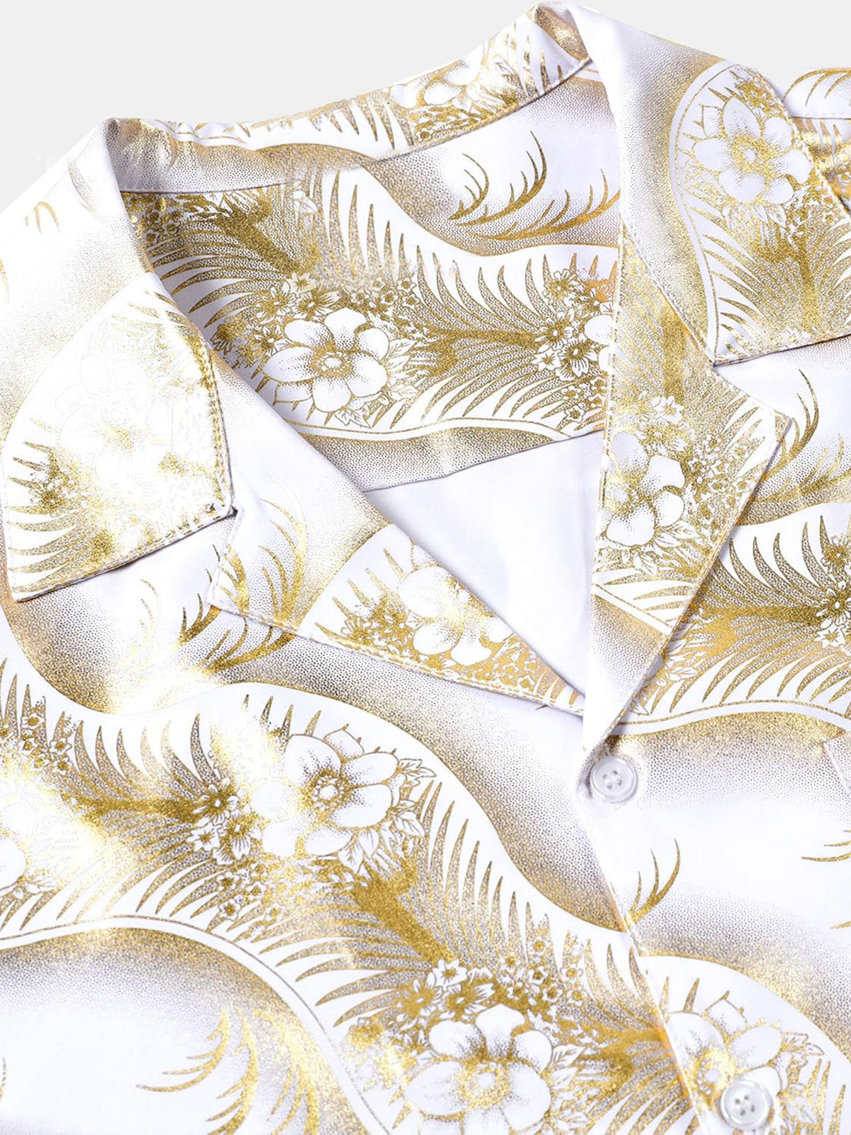 Short-Sleeve Cuban Collar Shirt with Golden Floral Print