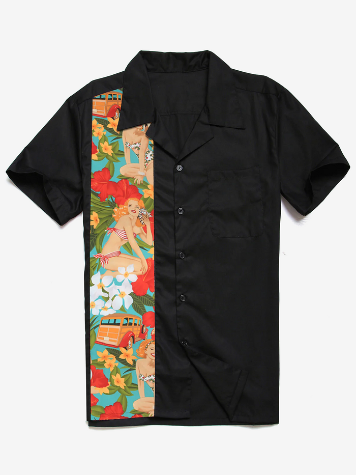 Vintage Summer Bowling Beach Pocket Short-Sleeve Shirt