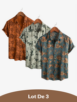 3-Pack | Brown Floral Print Short-Sleeve Breathable Button-Up Shirt