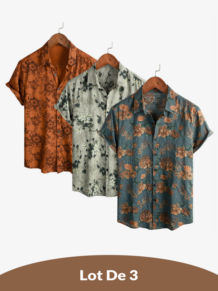 3-Pack | Brown Floral Print Short-Sleeve Breathable Button-Up Shirt