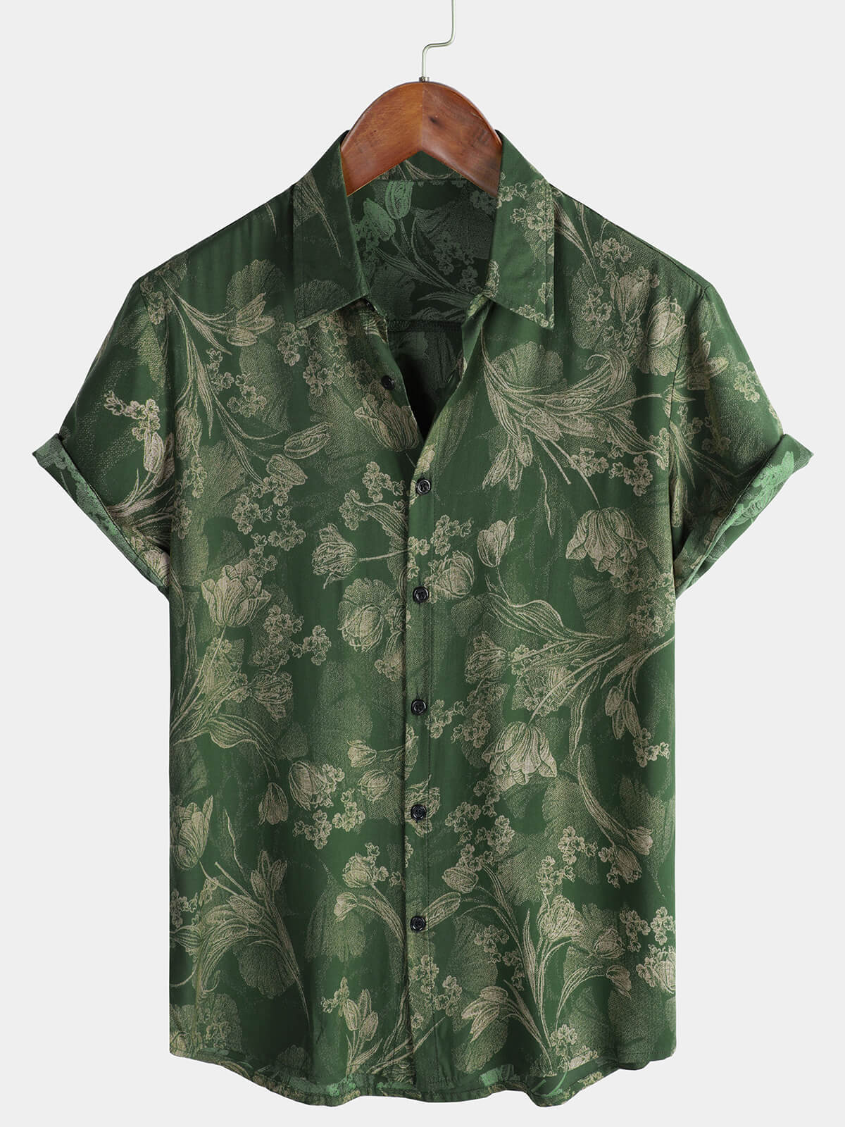 Hawaiian Short-Sleeve Button Breathable Shirt, Vintage Green Style