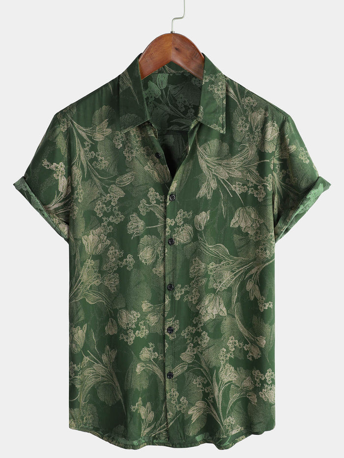 Hawaiian Short-Sleeve Button Breathable Shirt, Vintage Green Style