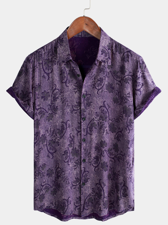 Hawaiian Short-Sleeve Button Breathable Shirt, Vintage Purple Style