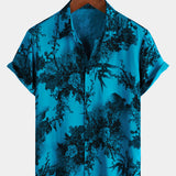 Hawaiian Short-Sleeve Shirt, Floral Motif, Blue, Retro Style, Breathable
