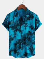 Hawaiian Short-Sleeve Shirt, Floral Motif, Blue, Retro Style, Breathable
