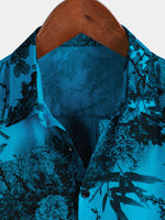Hawaiian Short-Sleeve Shirt, Floral Motif, Blue, Retro Style, Breathable