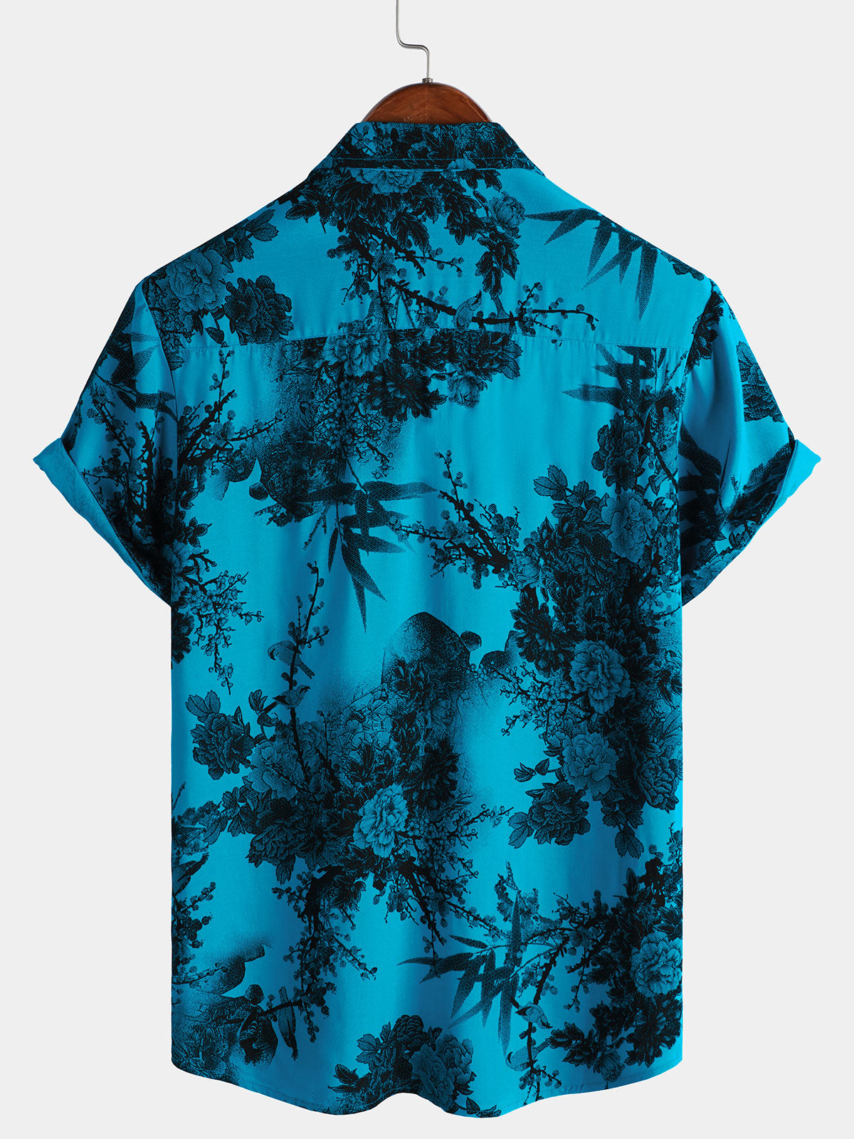 Hawaiian Short-Sleeve Shirt, Floral Motif, Blue, Retro Style, Breathable