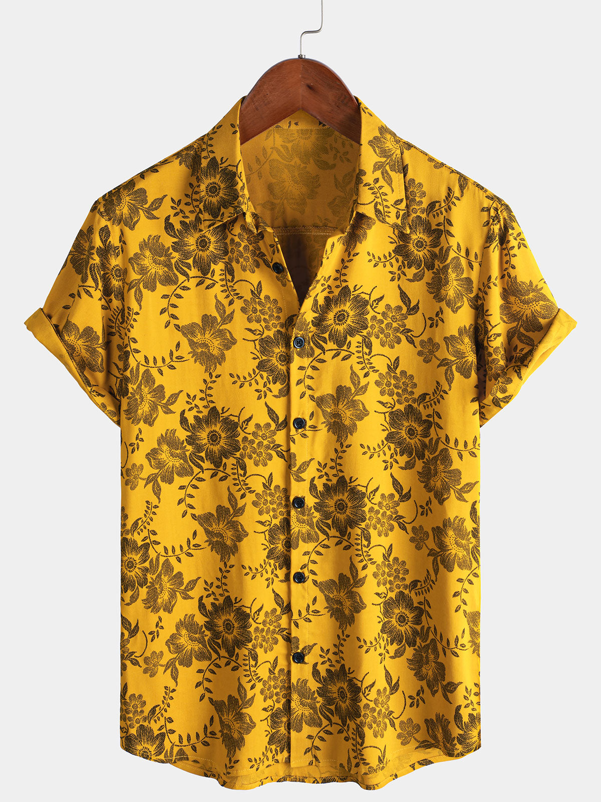 Hawaiian Short-Sleeve Yellow Vintage Floral Print Shirt