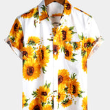 Short-Sleeve Vintage Art Button Pocket Sunflower Shirt