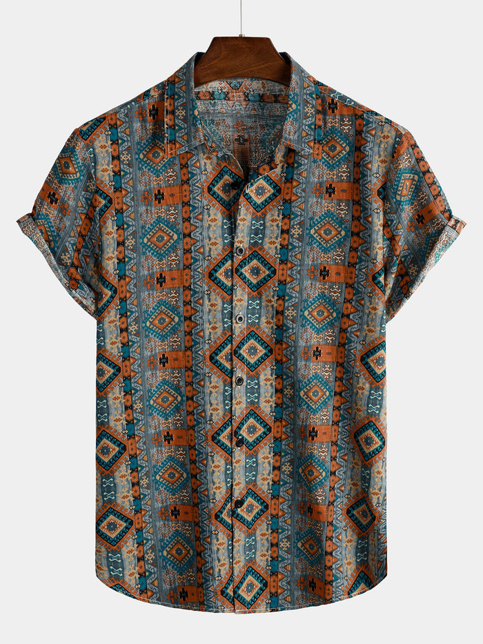 Retro 70s Patchwork Vintage Button-Up Short Sleeve Shirt