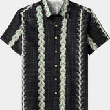 Vintage Hawaiian Style Striped Botanical Pattern Shirt