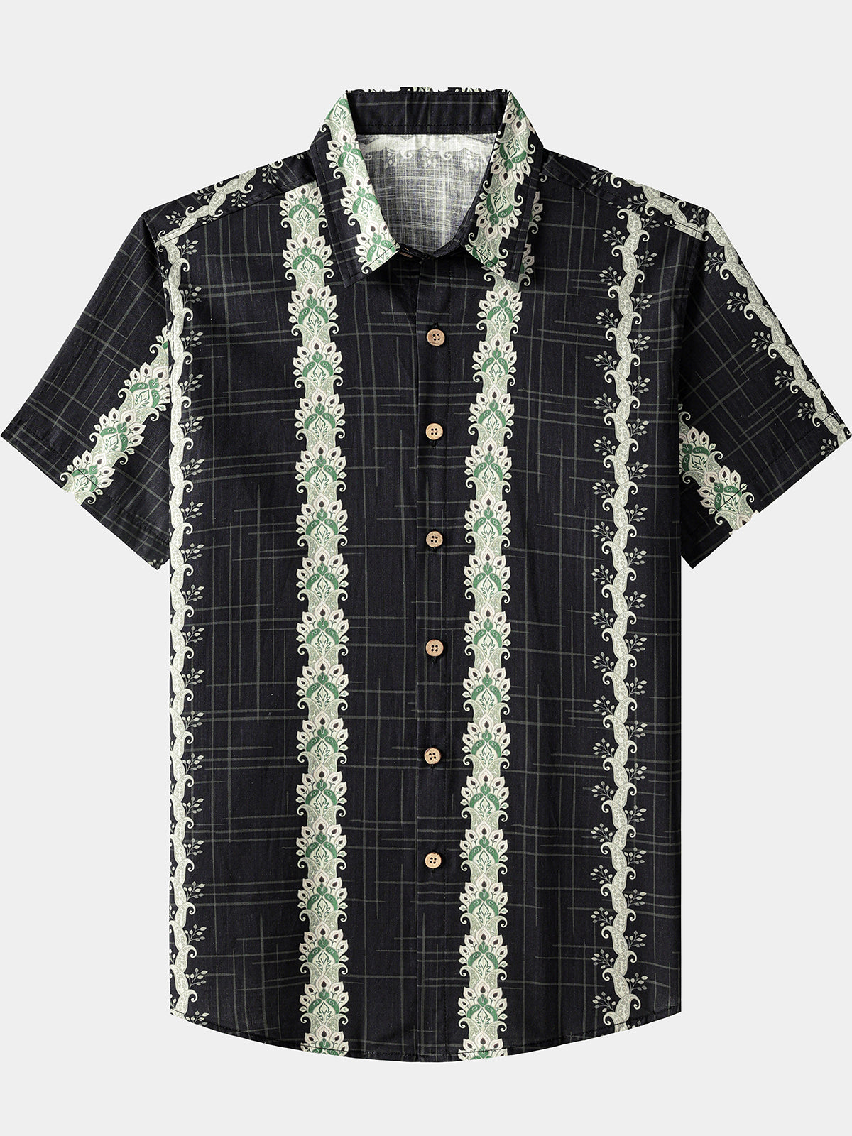 Vintage Hawaiian Style Striped Botanical Pattern Shirt