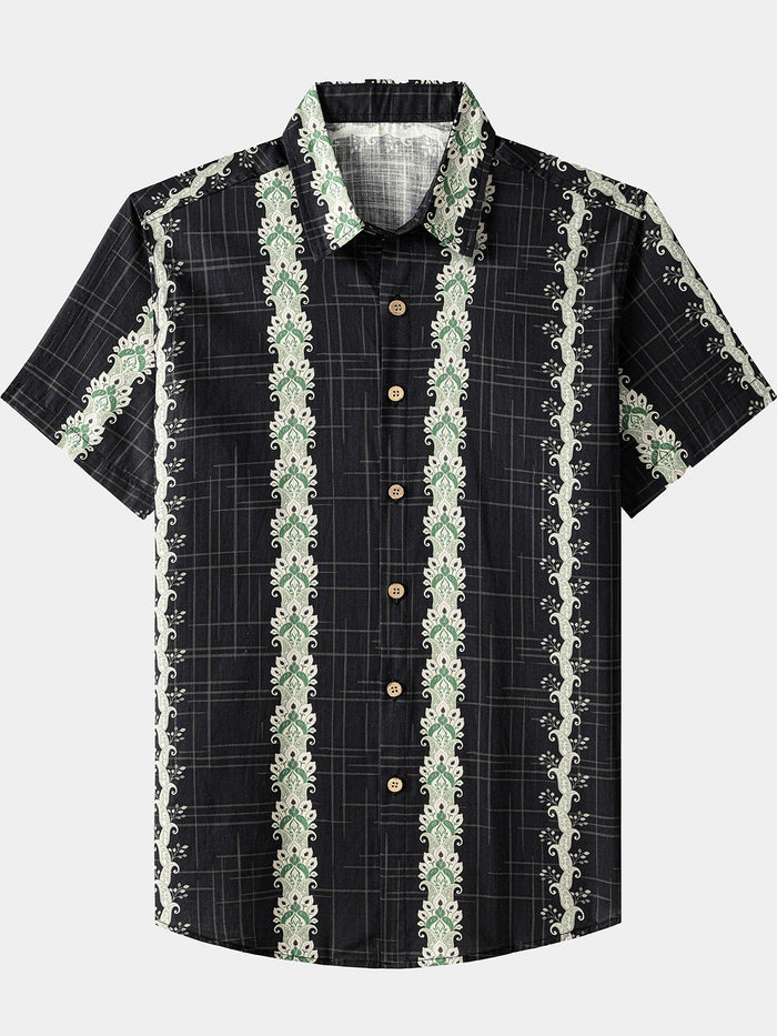 Vintage Hawaiian Style Striped Botanical Pattern Shirt