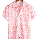 Men's Hawaiian-Style Cotton Short-Sleeve Shirt in Pink with Daisies