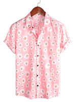 Men's Hawaiian-Style Cotton Short-Sleeve Shirt in Pink with Daisies