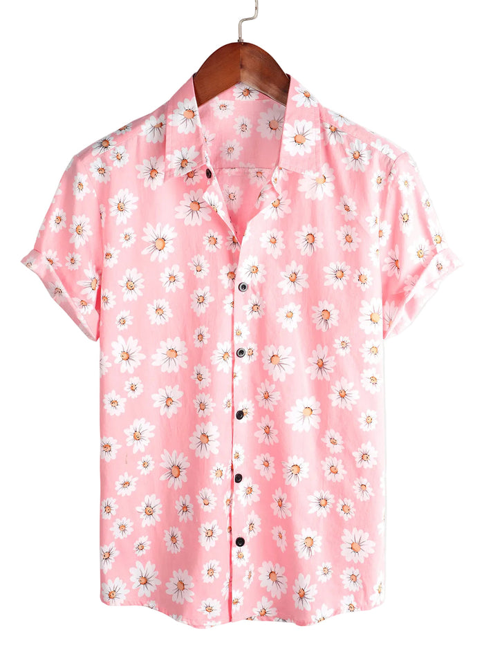 Men's Hawaiian-Style Cotton Short-Sleeve Shirt in Pink with Daisies