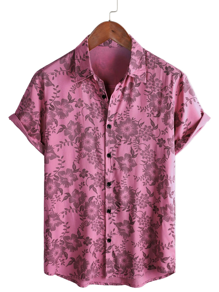 Men's Hawaiian-Style Short-Sleeve Shirt with Pink Flowers